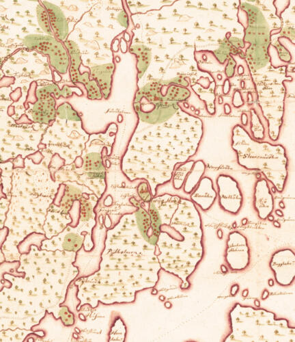 Utsnitt ur Centralbygden i Piteå socken på Jonas Geddas karta från 1667.  RA, Lantmäteristyrelsens arkiv, Å27-1:2